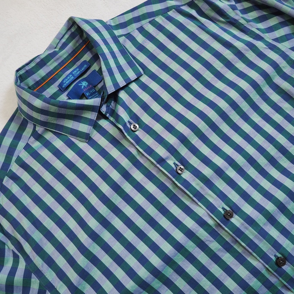 Egara Sz XL Slim Fit Blue and Green Checkered Dress Shirt 100% Cotton